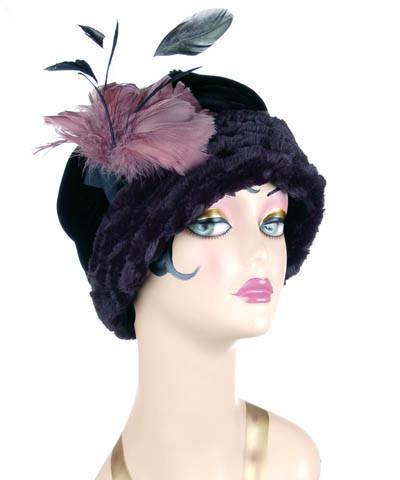 Side view of Ana Cloche Hat in Midnight Desert Sand Faux Fur with Black Velvet Band and Feathers| Handmade in Seattle WA| Pandemonium Millinery