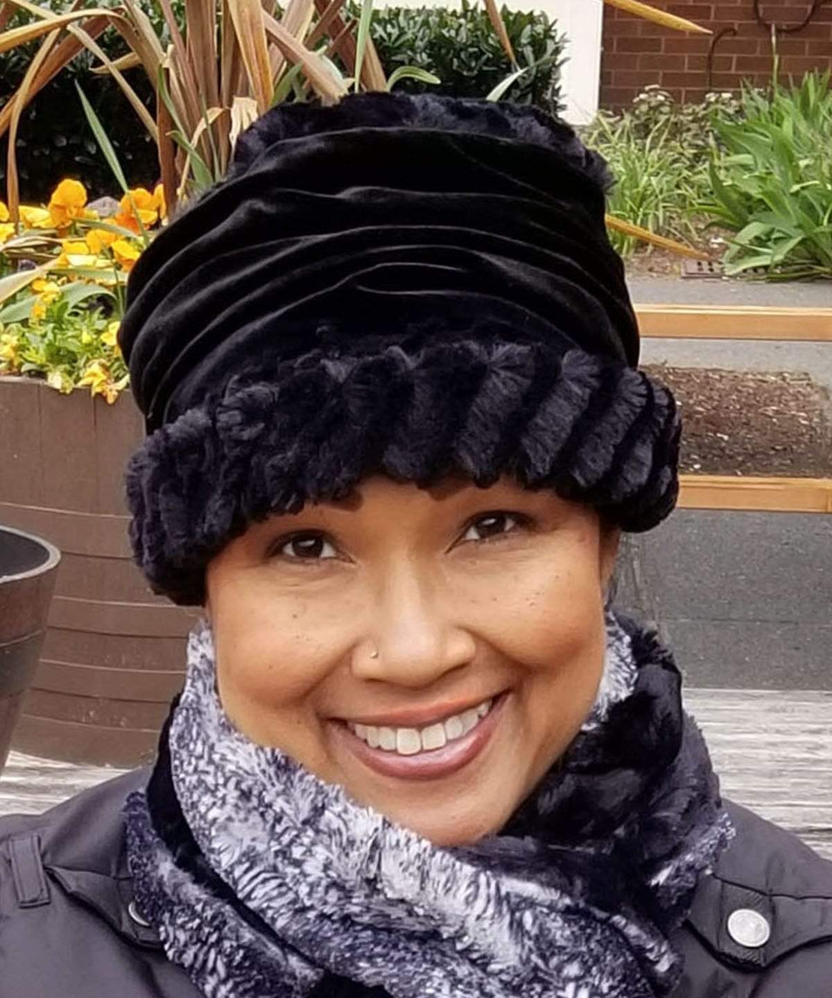 Woman wearing Ana Cloche Hat in Midnight Desert Sand Faux Fur with Black Velvet Band| Handmade in Seattle WA| Pandemonium Millinery
