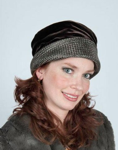 Woman wearing Ana Cloche Hat in Java Brown Interconnected Upholstery with Brown Velvet Band| Handmade in Seattle WA| Pandemonium Millinery