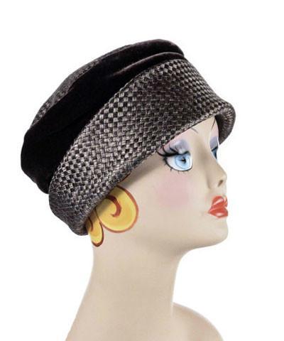 Woman wearing Ana Cloche Hat in Java Brown Interconnected Upholstery with Brown Velvet Band| Handmade in Seattle WA| Pandemonium Millinery