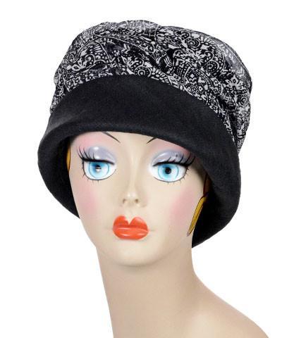 Woman wearing Ana Cloche Hat in Black Linen with Black and White Paisley Band| Handmade in Seattle WA| Pandemonium Millinery