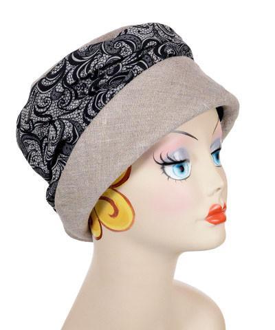 Ana Cloche Hat in Natural Beige Linen with Venetian Paisley Gray Pattern Band |Handmade in Seattle WA| Pandemonium Millinery