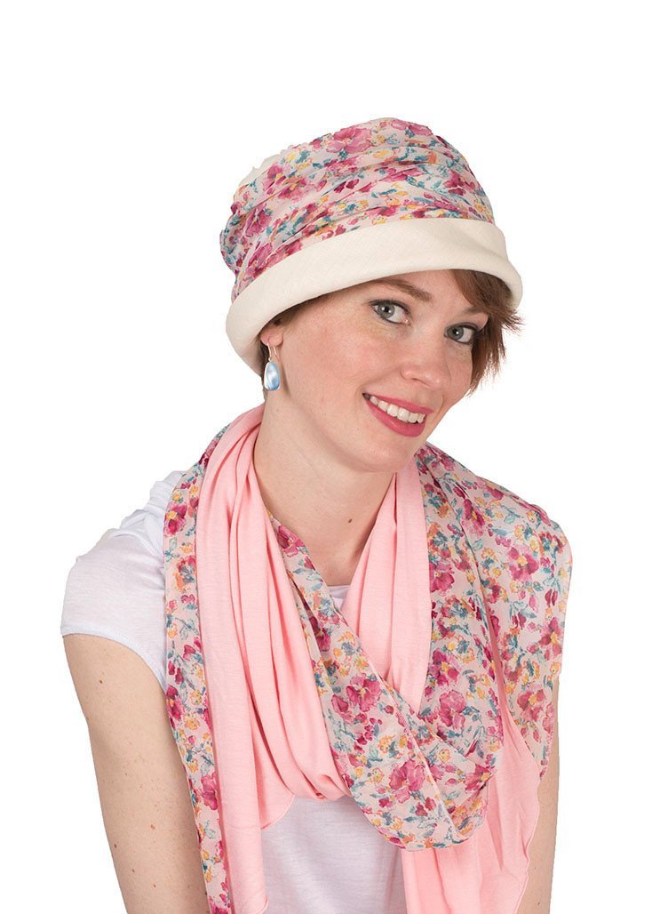 Woman wearing Ana Cloche Hat in Seashell Linen with Secret Garden Floral Band and Secret Garden Scarf |Handmade in Seattle WA| Pandemonium Millinery