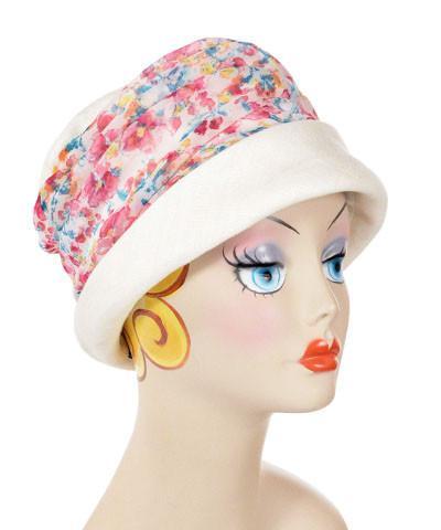 Ana Cloche Hat in Seashell Linen with Secret Garden Floral Band Handmade in Seattle WA| Pandemonium Millinery