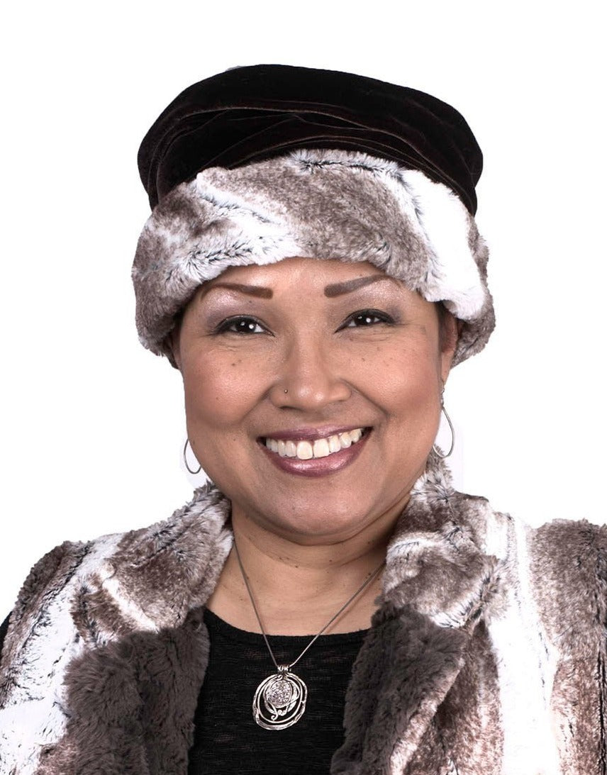 Woman wearing Ana Cloche Hat in Birch Brown Luxury Faux Fur with Chocolate Velvet Band| Handmade in Seattle WA| Pandemonium Millinery