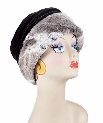 Woman wearing Ana Cloche Hat in Birch Brown Luxury Faux Fur with Chocolate Velvet Band| Handmade in Seattle WA| Pandemonium Millinery
