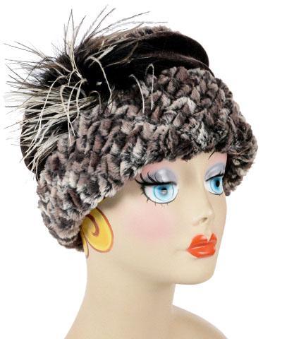 Ana Cloche Hat in Calico Brown Luxury Faux Fur with Chocolate Velvet Band and Ostrich Feather| Handmade in Seattle WA| Pandemonium Millinery