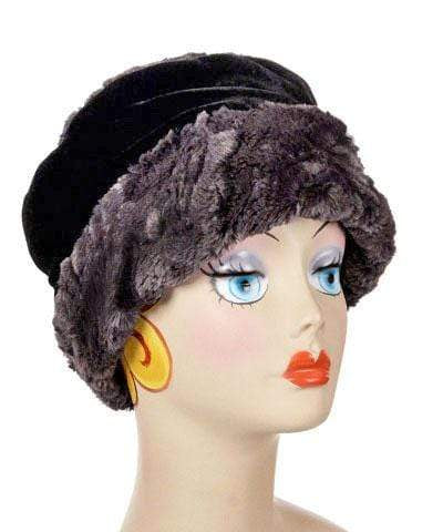 Front view of the Ana Cloche Hat in Espresso Luxury Faux Fur with Black Velvet Band | Handmade in Seattle WA| Pandemonium Millinery