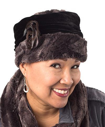Woman wearing Ana Cloche Hat in Espresso Luxury Faux Fur with Black Velvet Band with Sharp Curl Feather Brooch| Handmade in Seattle WA| Pandemonium Millinery