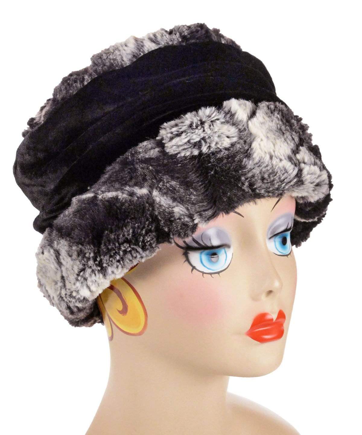 Ana Cloche Hat in Honey Badger Black and Cream Luxury Faux Fur with Black Velvet Band| Handmade in Seattle WA| Pandemonium Millinery