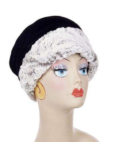 Ana Cloche Hat in Khaki Luxury Faux Fur with Black Velvet Band| Handmade in Seattle WA| Pandemonium Millinery
