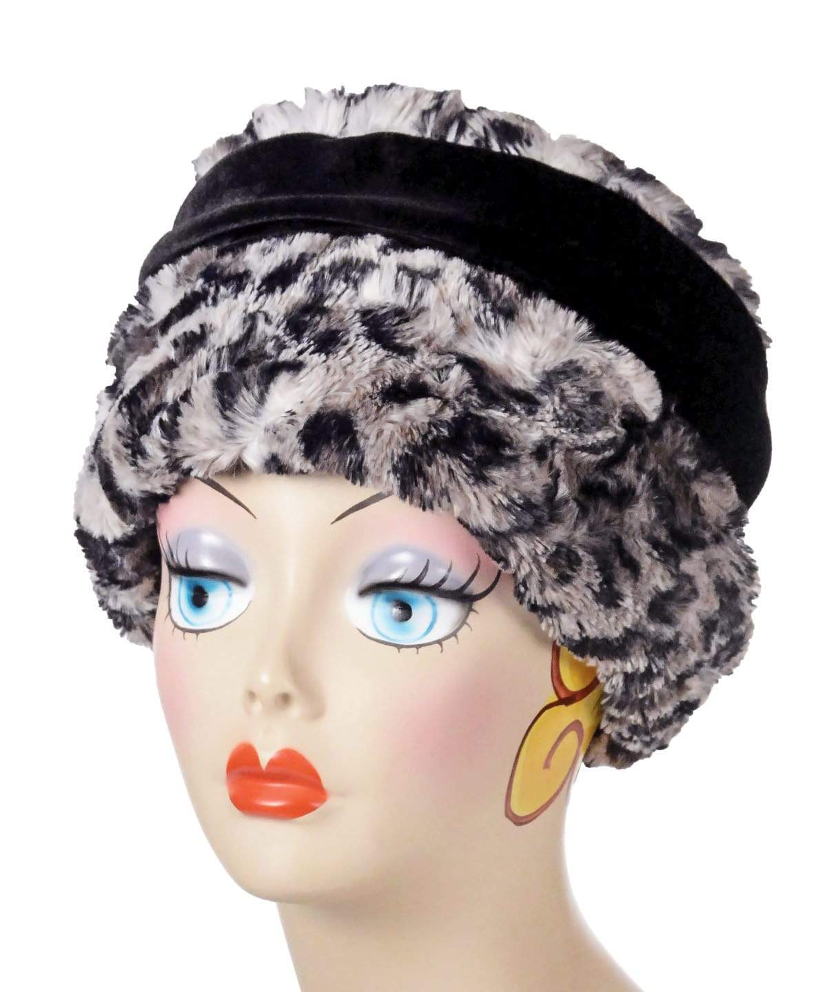 Front view of Ana Cloche Style Hat in Luxury Faux Fur in Savannah Cat | Handmade in Seattle WA | By Pandemonium Millinery