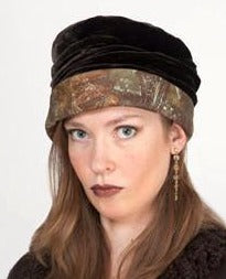 Woman wearing Ana Cloche Hat in Renaissance Everglade Upholstery Fabric with Chocolate Velvet Band| Handmade in Seattle WA| Pandemonium Millinery
