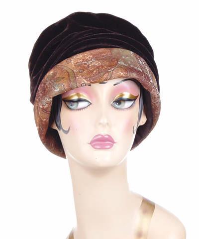 Woman wearing Ana Cloche Hat in Renaissance Everglade Upholstery Fabric with Chocolate Velvet Band| Handmade in Seattle WA| Pandemonium Millinery
