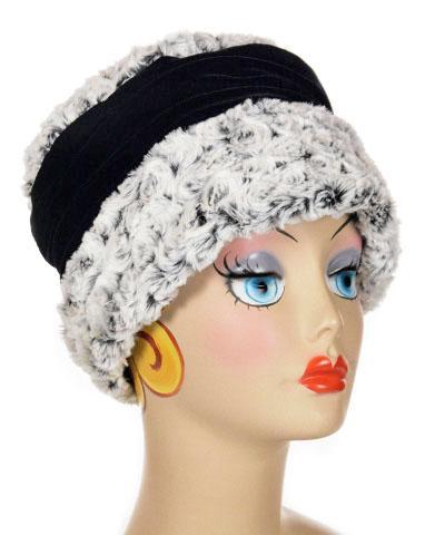 Side view - Ana Cloche Hat in Rosebud Black Faux Fur with Black Velvet Band| Handmade in Seattle WA| Pandemonium Millinery