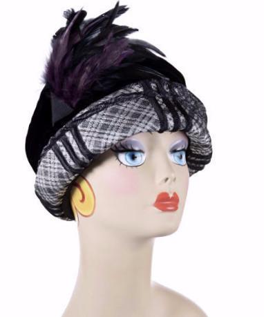 Ana Cloche Hat in Silver Plaid Upholstery Fabric with Black Velvet Band and Feather| Handmade in Seattle WA| Pandemonium Millinery