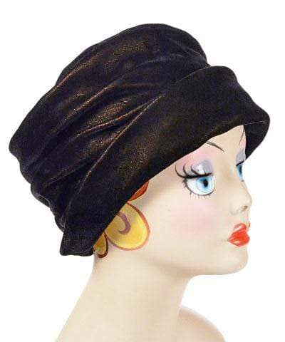 Side view of Ana Cloche Hat in Black and Gold Velvet with no band| Handmade in Seattle WA| Pandemonium Millinery