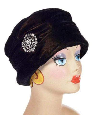 Side view of Ana Cloche Hat in Black and Gold Velvet with Rhinestone Brooch| Handmade in Seattle WA| Pandemonium Millinery