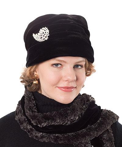 Woman wearing Ana Cloche Hat in Black Velvet with Rhinestone Brooch| Handmade in Seattle WA| Pandemonium Millinery