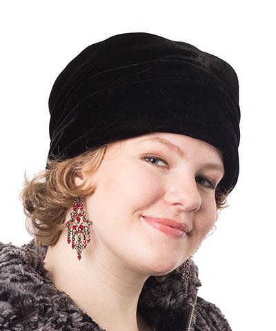 Woman wearing Ana Cloche Hat in Black Velvet| Handmade in Seattle WA| Pandemonium Millinery