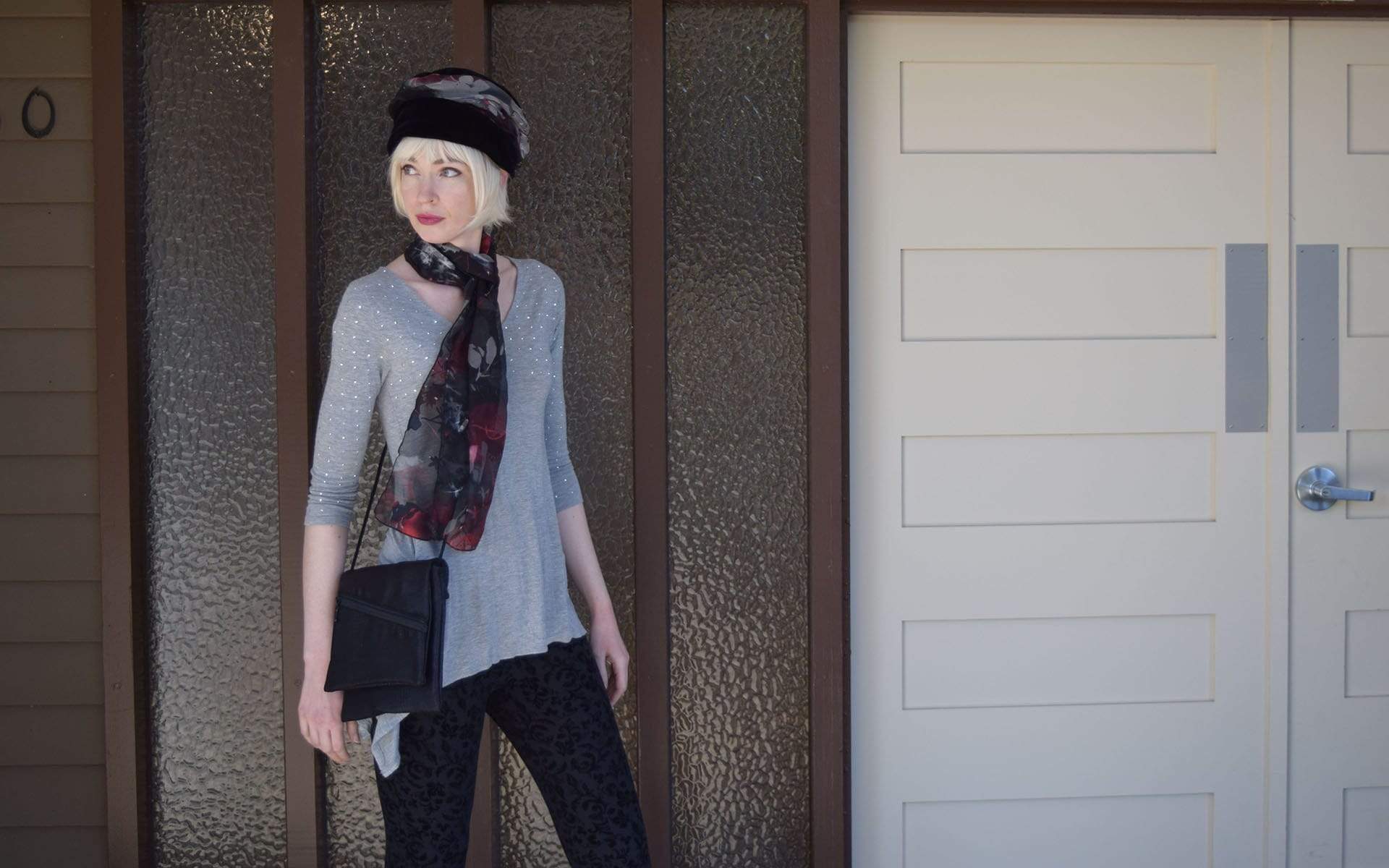 Side view of Ana Cloche Hat in Black Velvet with Garden Path in Poppy Band| Handmade in Seattle WA| Pandemonium Millinery
