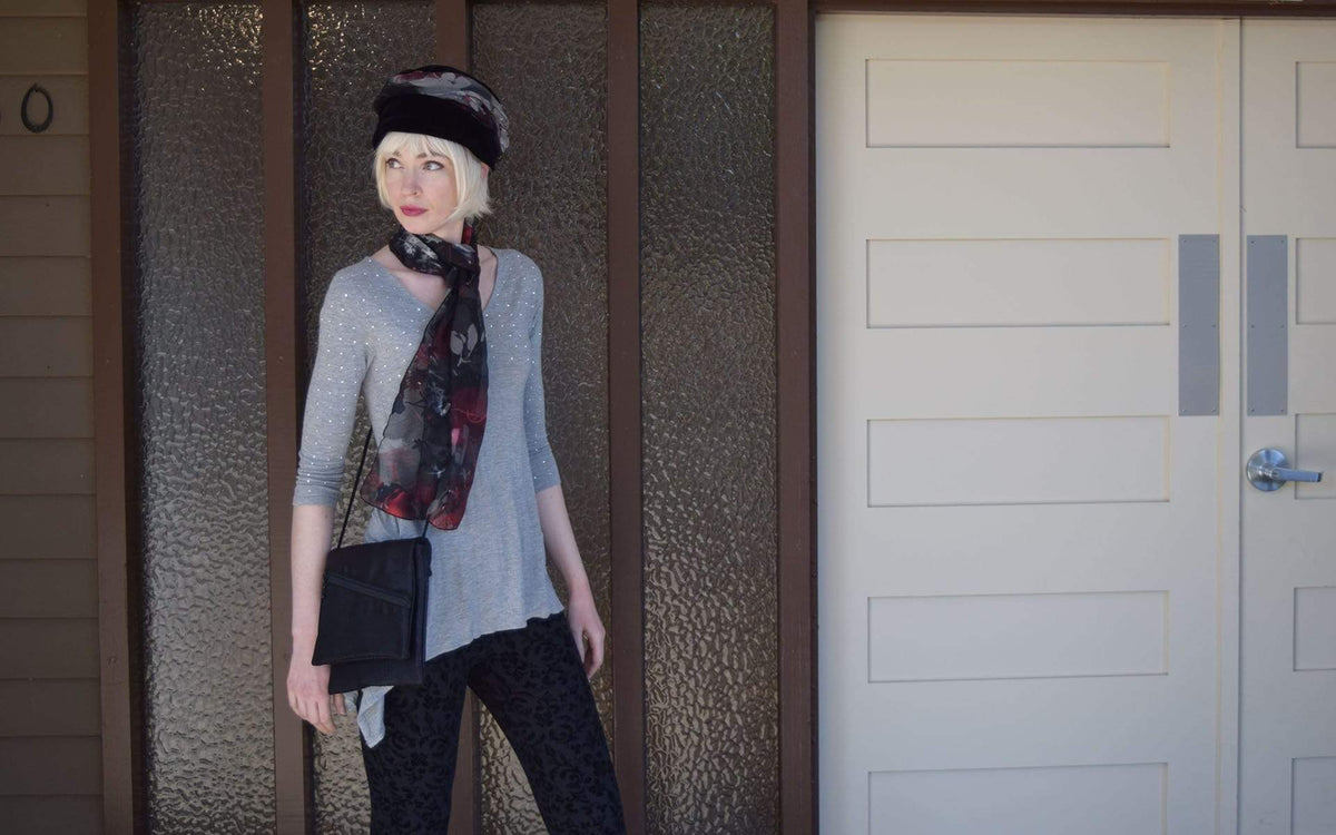 Woman wearing Ana Cloche Hat in Black Velvet with Garden Path- Poppy Band and matching Poppy Scarf| Handmade in Seattle WA| Pandemonium Millinery