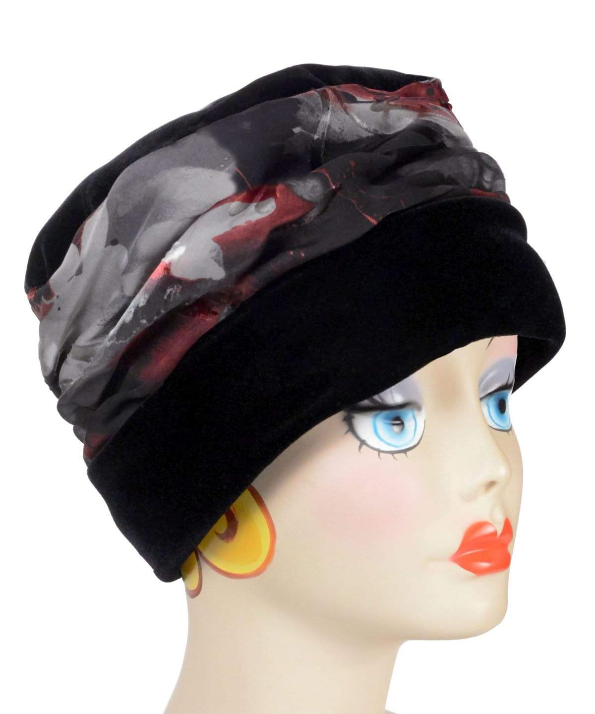 Side view of Ana Cloche Hat in Black Velvet with Garden Path in Poppy Band| Handmade in Seattle WA| Pandemonium Millinery