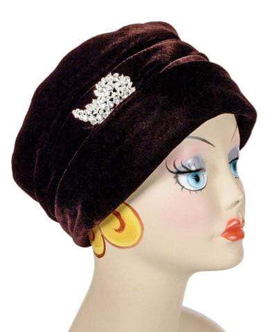 Woman wearing the Ana Cloche Hat in Chocolate Velvet. Made in Seattle, WA, USA by Pandemonium Seattle.