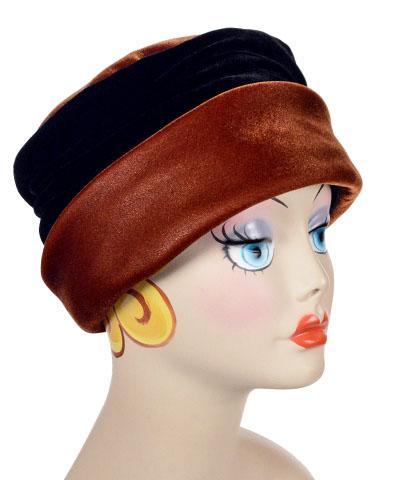 Side view of Ana Cloche Hat in Citrine Velvet with Black Velvet Band| Handmade in Seattle WA| Pandemonium Millinery