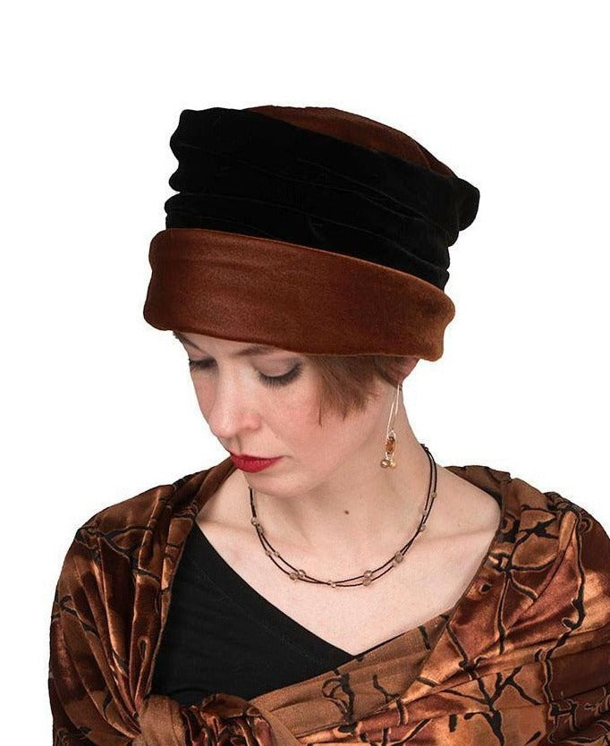 Woman wearing Ana Cloche Hat in Citrine Velvet with Black Velvet Band and Citrine Scarf| Handmade in Seattle WA| Pandemonium Millinery