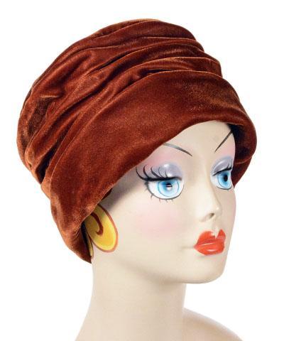Women wearing Ana Cloche Style Hat in Velvet in Citrine  with Glitzy Glam Dress | Handmade by Pandemonium Seattle USA