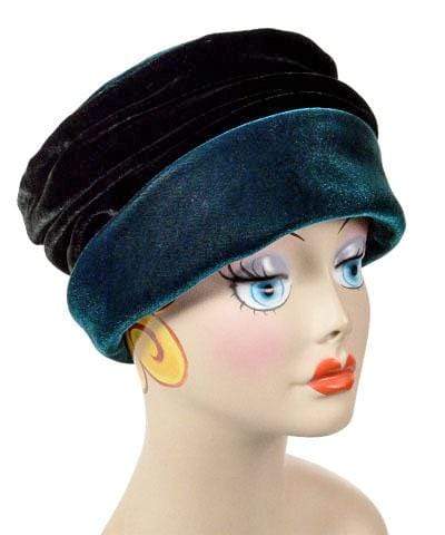 Woman wearing Ana Cloche Hat in Emerald Velvet and Black Velvet Band and matching Emerald scarf| Handmade in Seattle WA| Pandemonium Millinery