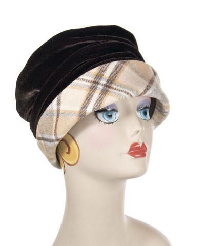 Woman wearing Ana Cloche  Style hat in Daybreak Plaid with Feather and Button Trim | Handmade By Pandemonium Millinery | Seattle WA USA