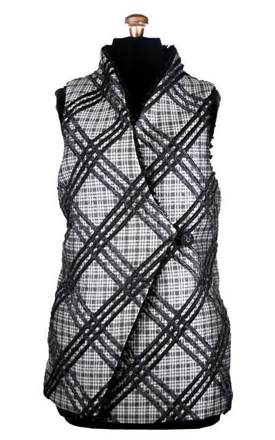 Asymmetrical Vest in Silver Plaid reversible to Midnight Desert Sand Faux Fur| Handmade in Seattle WA| Pandemonium Millinery