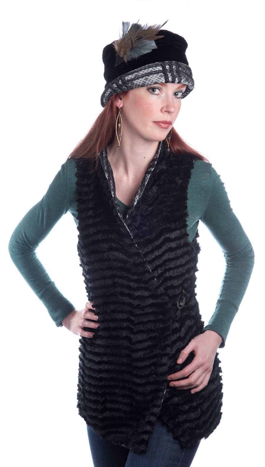Woman wearing Asymmetrical Vest in Silver Plaid reversible to Midnight Desert Sand Faux Fur| Handmade in Seattle WA| Pandemonium Millinery