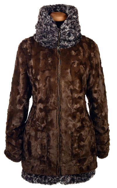 Woman’s Bardot Coat in Calico with reversible Cuddly Chocolate Faux Fur, reversed to Chocolate. Handmade by Pandemonium Millinery in Seattle, WA.