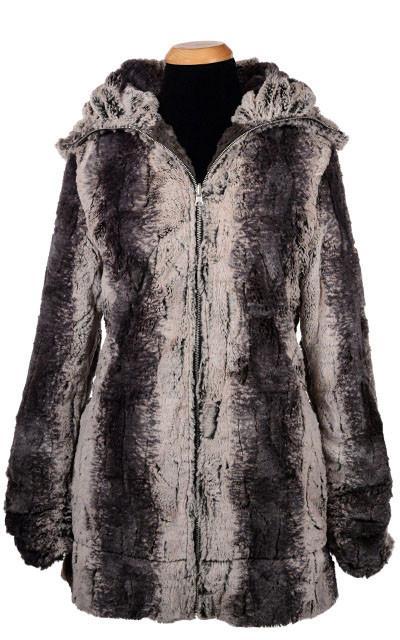 Women’s Bardot Coat in Meerkat with reversible Cuddly Gray Faux Fur. Handmade by Pandemonium Millinery in Seattle, WA.