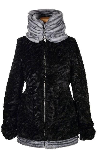 Bardot Coat in Devon Rex Faux Fur lined with Cuddly Black, shown reversed. Handmade by Pandemonium Millinery in Seattle, WA.