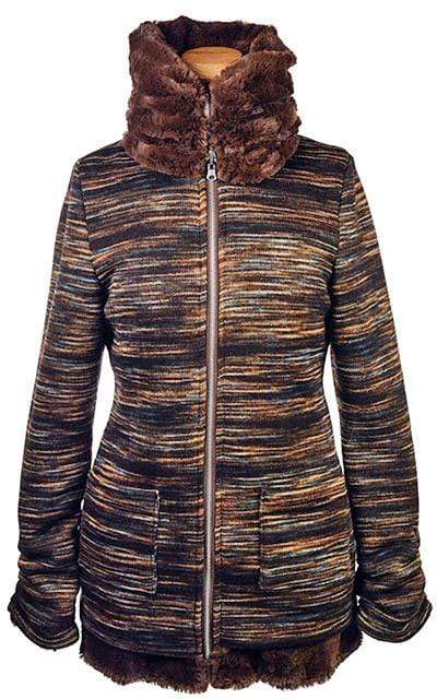 Woman modeling Bardot Coat in reversible Sweet Stripes English Toffee with Cuddly Chocolate. Handmade by Pandemonium Millinery in Seattle, WA.