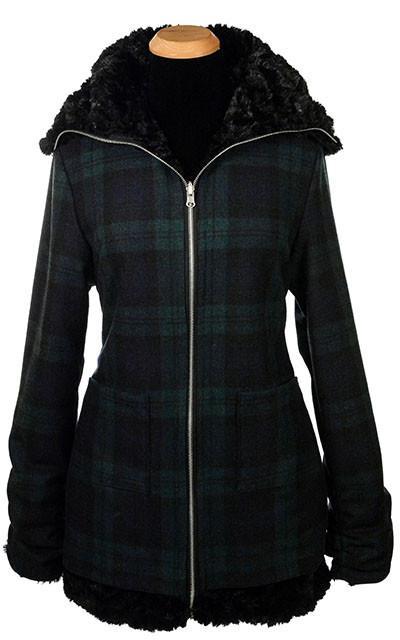 Bardot Coat in reversible Wool Plaid Nightfall with Cuddly Black Faux Fur, partially zipped. Handmade by Pandemonium Millinery in Seattle, WA.