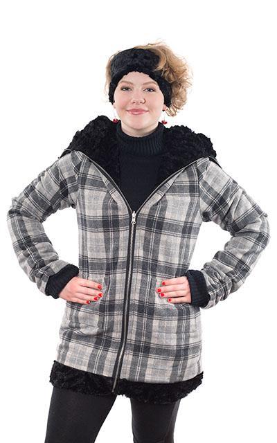 Woman modeling Bardot Coat in reversible Wool Plaid Twilight with Cuddly Black. Handmade by Pandemonium Millinery in Seattle, WA.