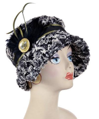 Avocado Beaded Glass Brooch applied to Hat Trim. Pandemonium Millinery in Seattle, WA.