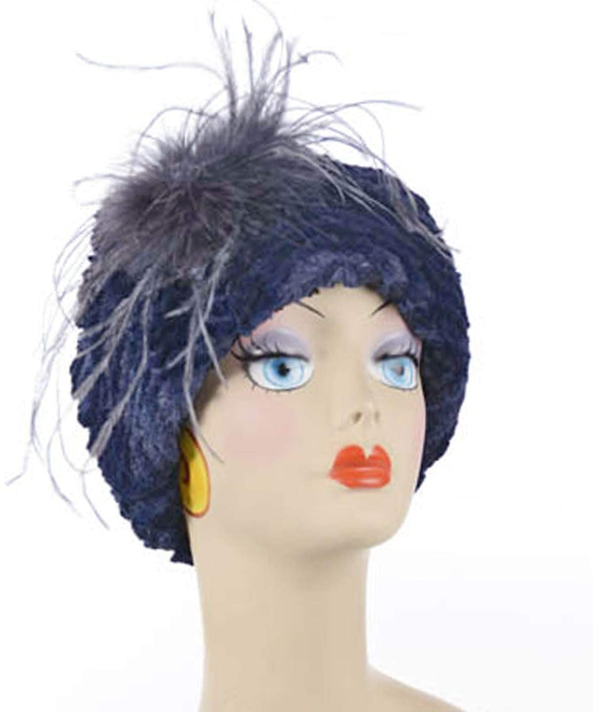 Beanie Hat shown solid Navy Chevron Faux Fur with Ostrich Feather Trim. Handmade by Pandemonium Millinery in Seattle, WA.
