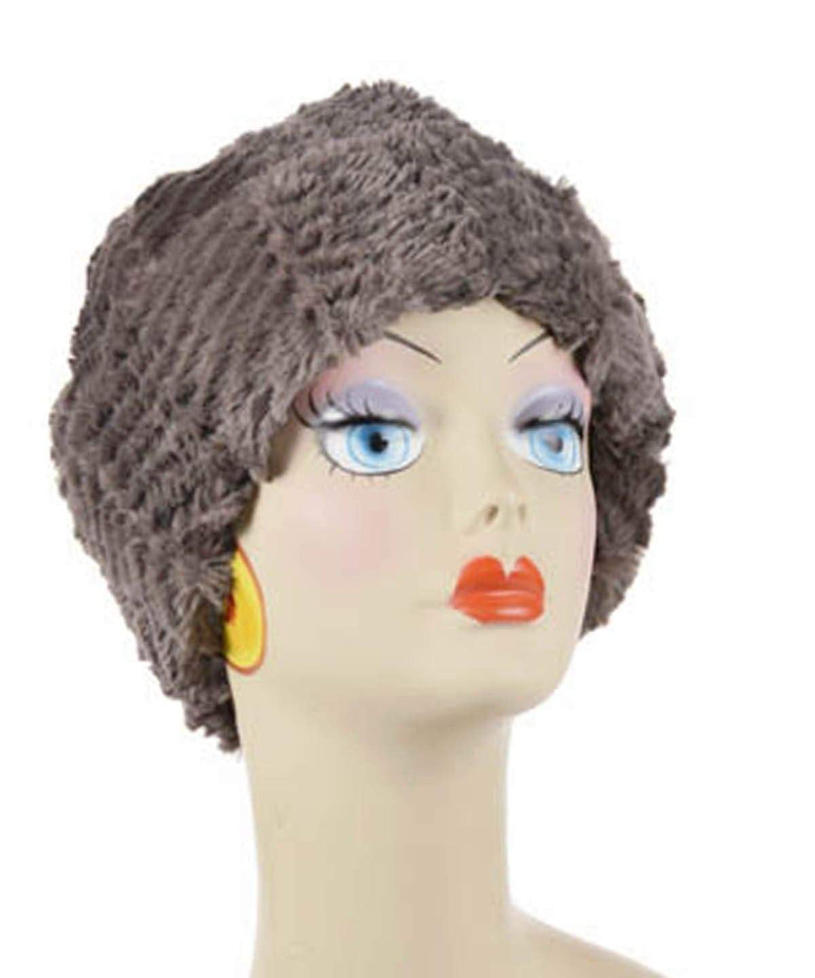 Beanie Hat shown solid color Gray Chevron Faux Fur. Handmade by Pandemonium Millinery in Seattle, WA.