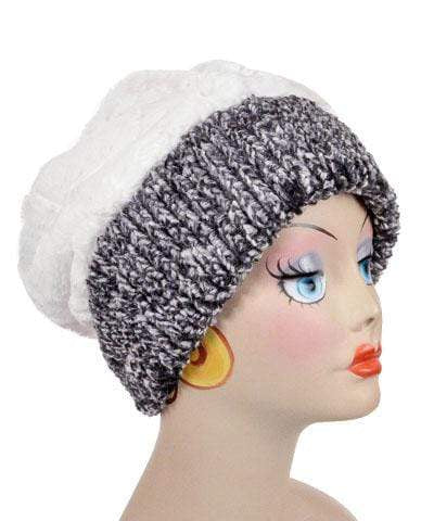 Beanie Hat shown reversed in  Ash Cozy Cable and Cuddly Ivory Faux Fur. Handmade by Pandemonium Millinery in Seattle, WA.