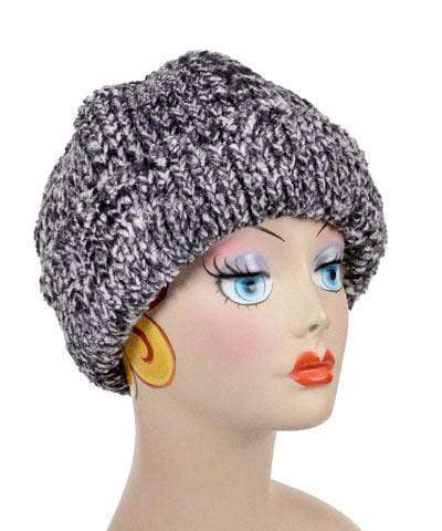 Beanie Hat reversible in  Ash Cozy Cable and Cuddly Ivory Faux Fur. Handmade by Pandemonium Millinery in Seattle, WA.