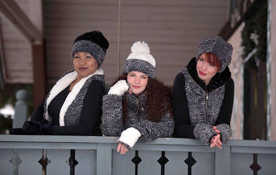 Women modeling Beanie Hats and outerwear in Ash Cozy Cable and Cuddly Faux Fur in Black or Ivory. Handmade by Pandemonium Millinery in Seattle, WA.