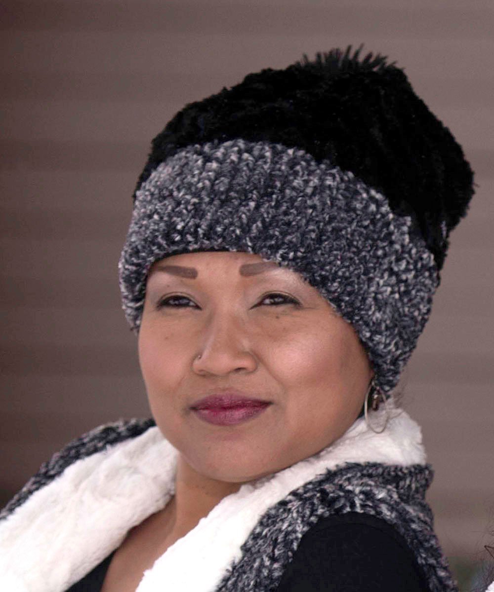 Woman modeling Beanie Hat and outerwear in Ash Cozy Cable and Cuddly Faux Fur in Black or Ivory. Handmade by Pandemonium Millinery in Seattle, WA.
