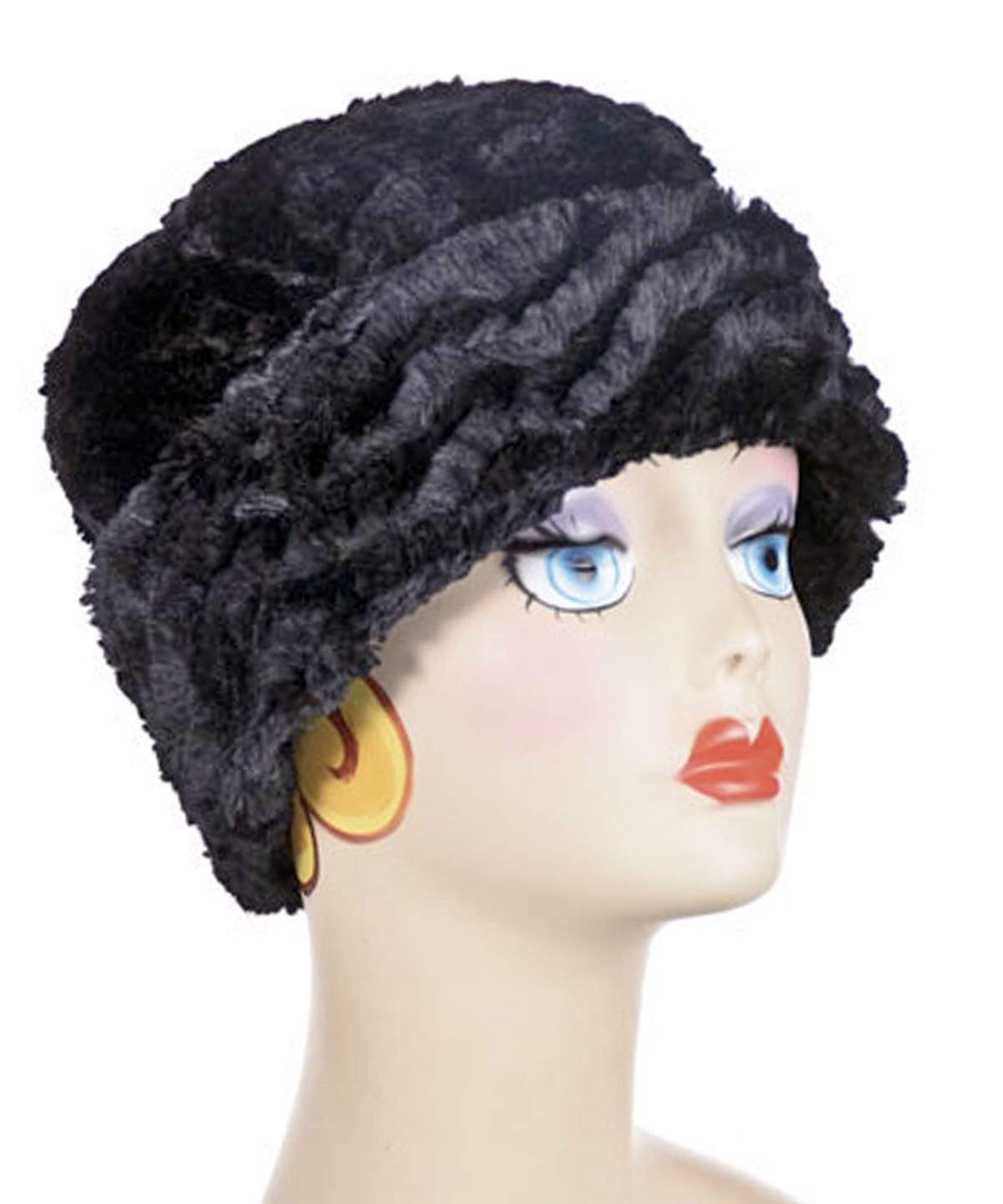 Beanie Hat reversible in Midnight Desert Sand and Cuddly Black Faux Fur, shown cuffed. Handmade by Pandemonium Millinery in Seattle, WA.
