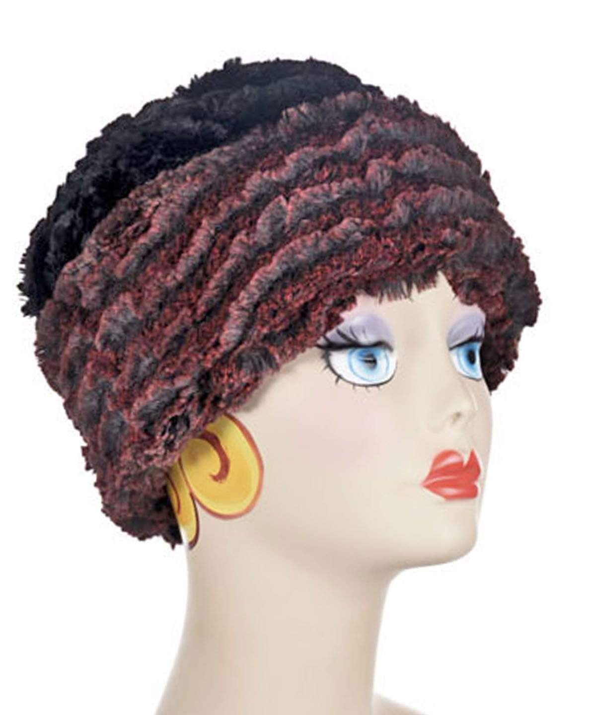 Beanie Hat shown reversed in Crimson Desert Sand and Cuddly Black Faux Fur. Handmade by Pandemonium Millinery in Seattle, WA.